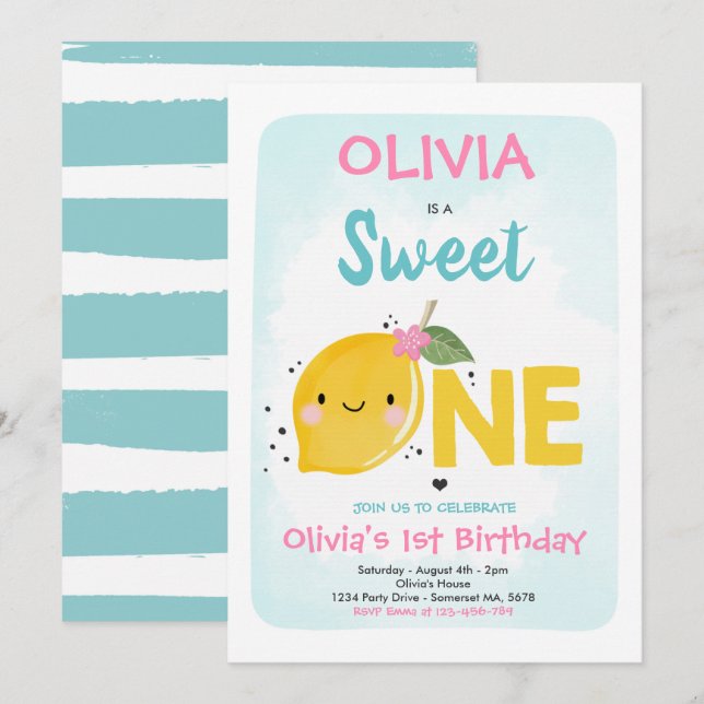Lemon Birthday Invitation Sweet One 1st Birthday (Front/Back)
