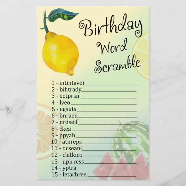 Lemon Birthday Word Scramble Game (Front)
