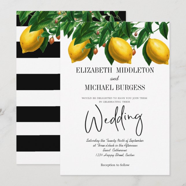Lemon Black White Stripe Botanical Wedding Invitation (Front/Back)