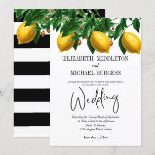 Lemon Black White Stripe Botanical Wedding Invitation