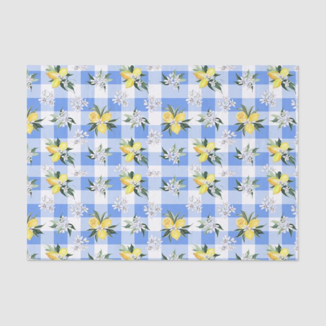 Lemon Blossom Blue Gingham Tissue Paper (Front)