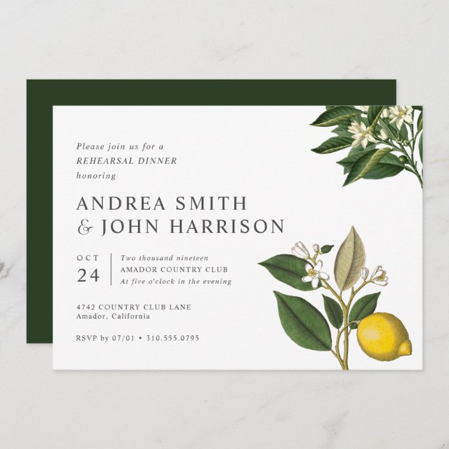 Lemon Blossom | Chic Botanical Rehearsal Dinner Invitation (Front/Back)