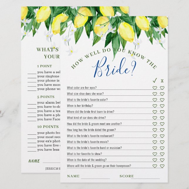 Lemon Blossom Double-Sided Bridal Shower Game (Front/Back)