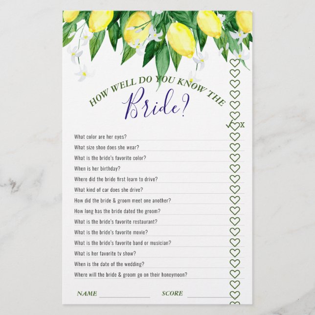 Lemon Blossom Double-Sided Bridal Shower Game (Front)