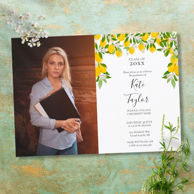 Lemon Blossom Floral Graduation Party Photo Invitation (Creator Uploaded)