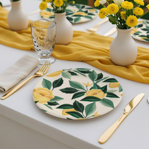 Lemon Blossom Floral Tree Elegant Yellow Wedding Paper Plate