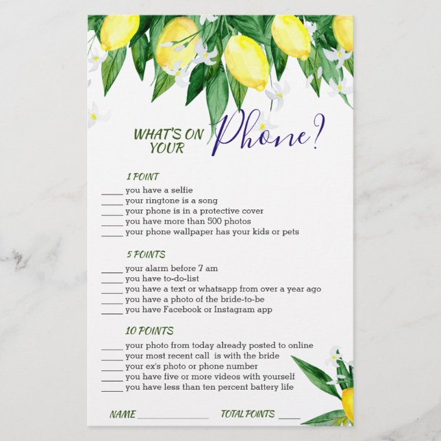 Lemon Blossom Greenery Chic Bridal Shower Game (Front)