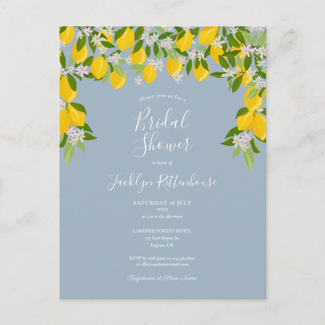 Lemon Blossom Greenery Dusty Blue Bridal Shower Announcement Postcard (Front)