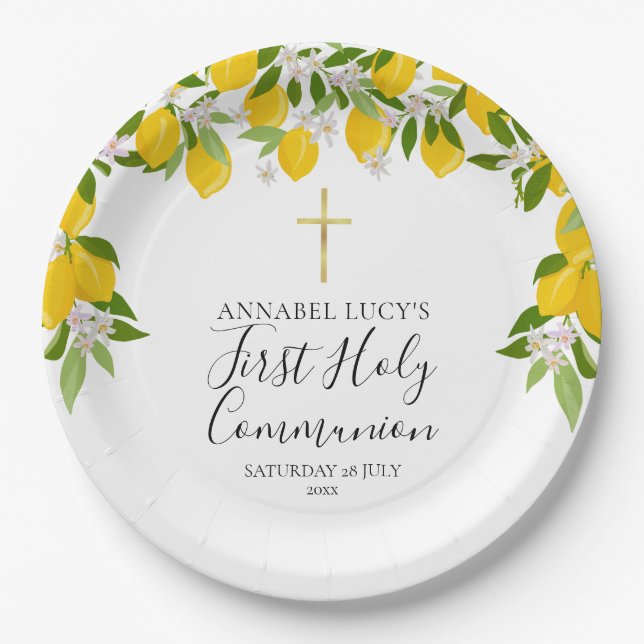 Lemon Blossom Greenery First Holy Communion Paper Plate (Front)