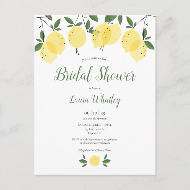 Lemon Blossom Greenery Watercolour Bridal Shower Announcement Postcard (Front)