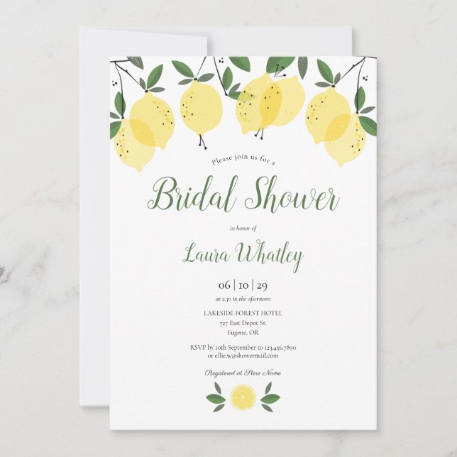 Lemon Blossom Greenery Watercolour Bridal Shower Invitation (Front)