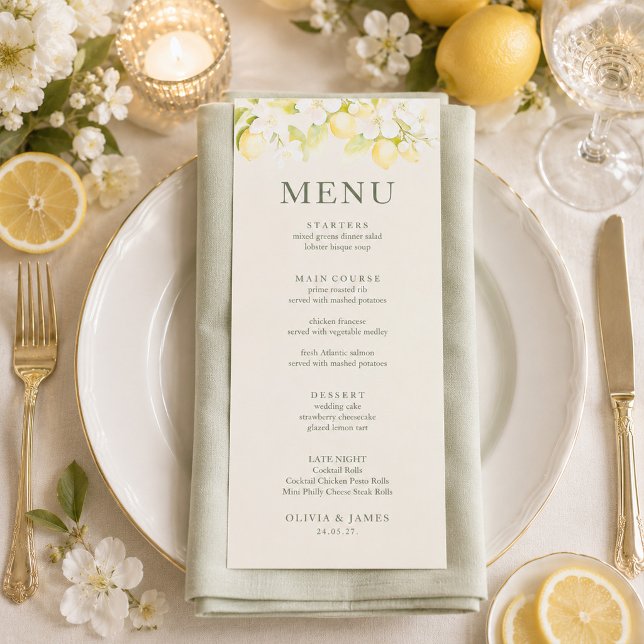 Lemon Blossom Ivory Garden Wedding Menu Card (Lemon Blossom Ivory Garden Wedding Menu Card)