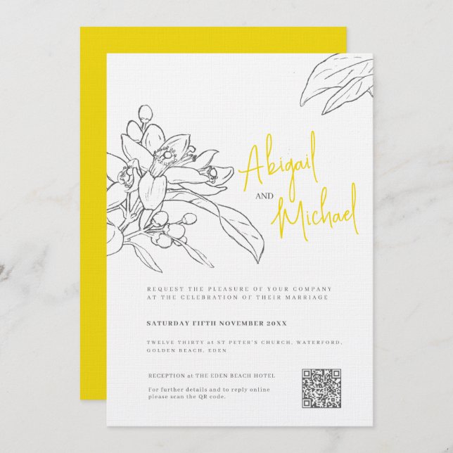Lemon blossom sketch yellow grey wedding invitation (Front/Back)