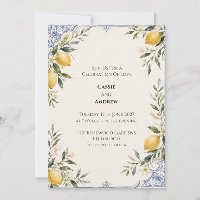 Lemon Blue Botanical Wedding Invitation (Front)