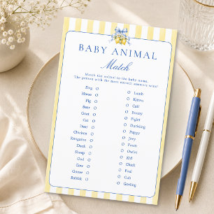 Lemon Blue Bow Baby Shower Baby Animal Match Game