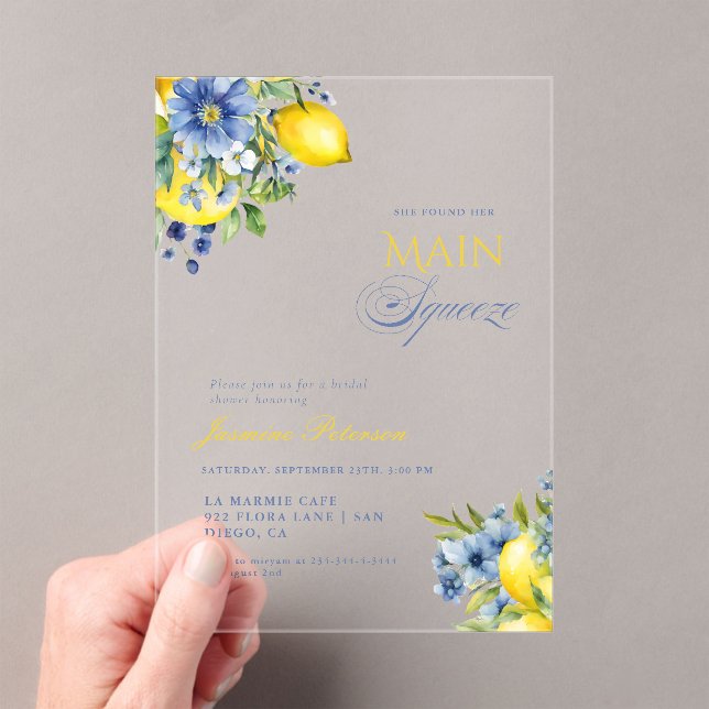 Lemon Blue Floral Citrus Bridal Shower Acrylic Invitations (Insitu (Handheld))
