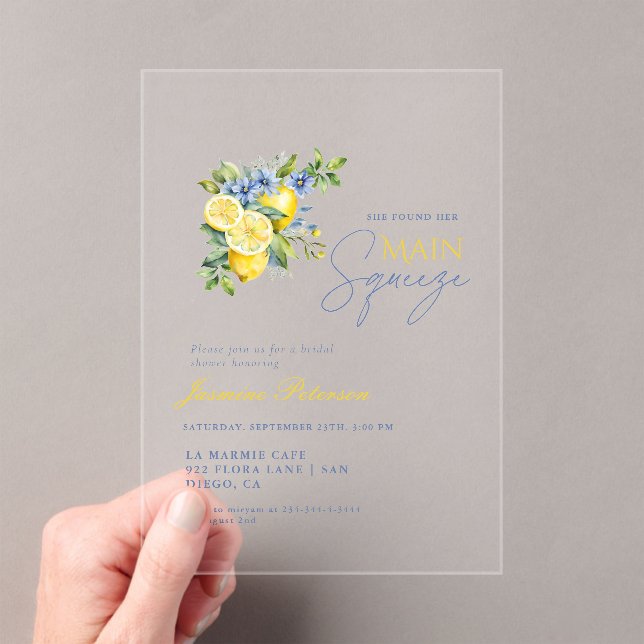 Lemon Blue Floral Citrus Bridal Shower Acrylic Invitations (Insitu (Handheld))