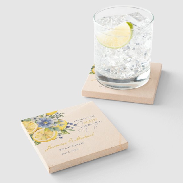Lemon Blue Floral Citrus Bridal Shower Stone Coaster (Side)