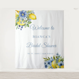 Lemon Blue Floral Citrus bridal shower Welcome  Tapestry