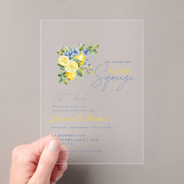 Lemon Blue Floral Citrus Engagement Party Acrylic Invitations (Insitu (Handheld))