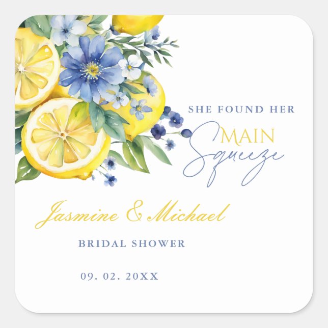 Lemon Blue Floral Citrus Engagement Party Square Sticker (Front)