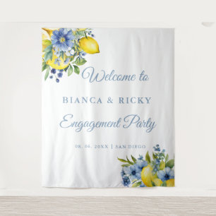 Lemon Blue Floral Citrus Engagement Party Welcome  Tapestry