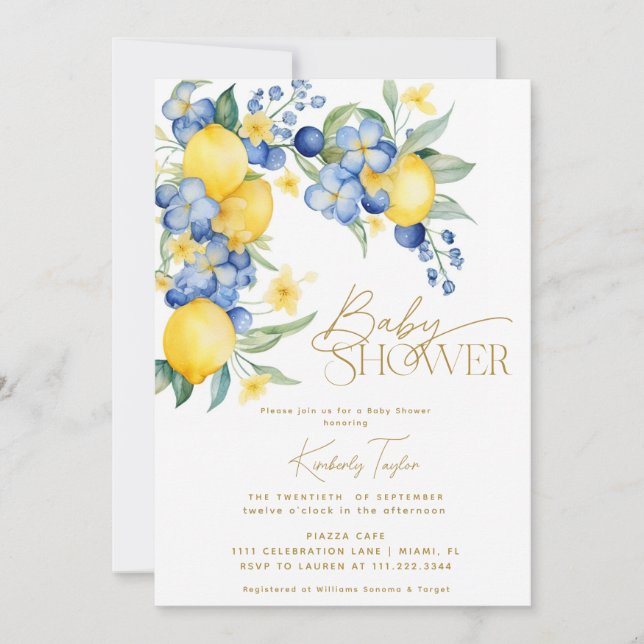 Lemon Blue Floral Italian Baby Shower Invitation (Front)
