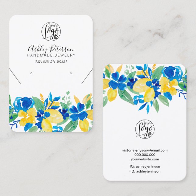 Lemon blue floral logo jewellery earring necklace business card (Front/Back)
