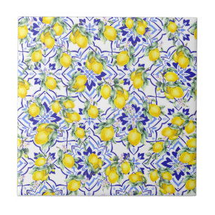 Lemon Blue French Country Watercolor Tile