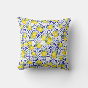 Lemon Blue French Country Watercolor Tile Cushion