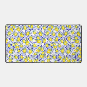 Lemon Blue French Country Watercolor Tile Desk Mat