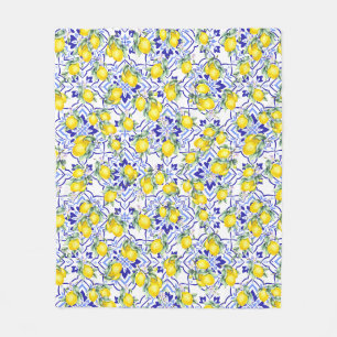 Lemon Blue French Country Watercolor Tile Fleece Blanket
