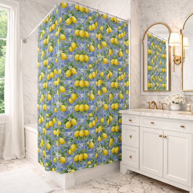 Lemon Blue French Country Watercolor Tile  Shower Curtain (Creator Uploaded)
