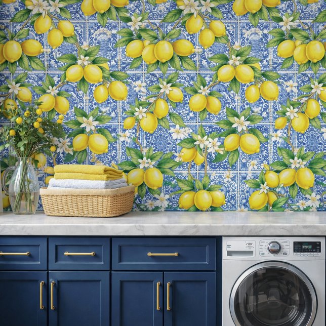 Lemon Blue French Country Watercolor Tile Wallpaper (Creator Uploaded)