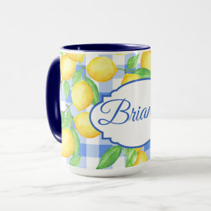Lemon Blue Gingham Cottagecore Personalised Mug