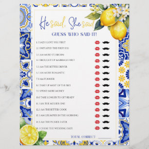 Lemon Blue He Said She Said Bridal Shower Game