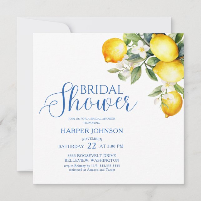 Lemon Blue Italian Theme Bridal Shower Invitation (Front)