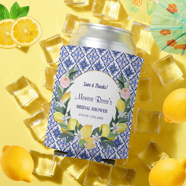 Lemon Blue Italian Tiles Bridal Shower Party Name  Can Cooler (Creator Uploaded)