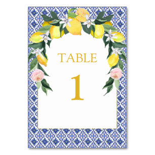 Lemon Blue Italian Tiles Bridal Shower Table Card