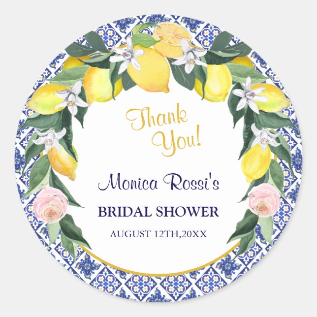 Lemon Blue Italian Tiles  Bridal Shower Thank You  Classic Round Sticker (Front)