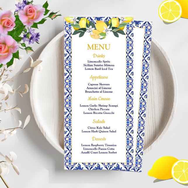 Lemon Blue Italian Tiles Bridal Shower Wedding  Menu (Creator Uploaded)
