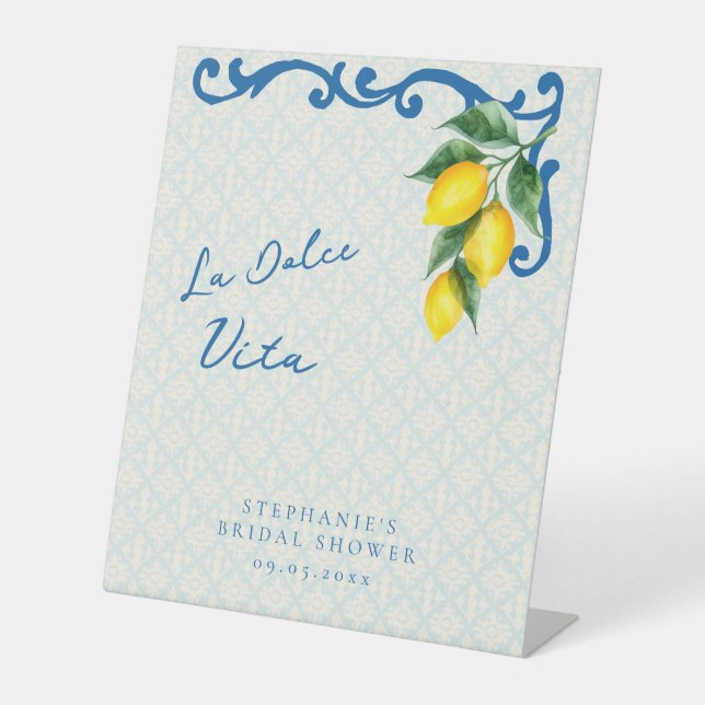 Lemon Blue La Dolce Vita Italian Inspired Bridal Pedestal Sign (Front)