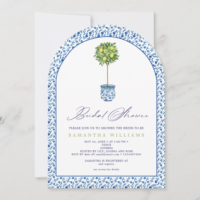 Lemon Blue Mediteranean Tiles Garden Bridal Shower Invitation (Front)