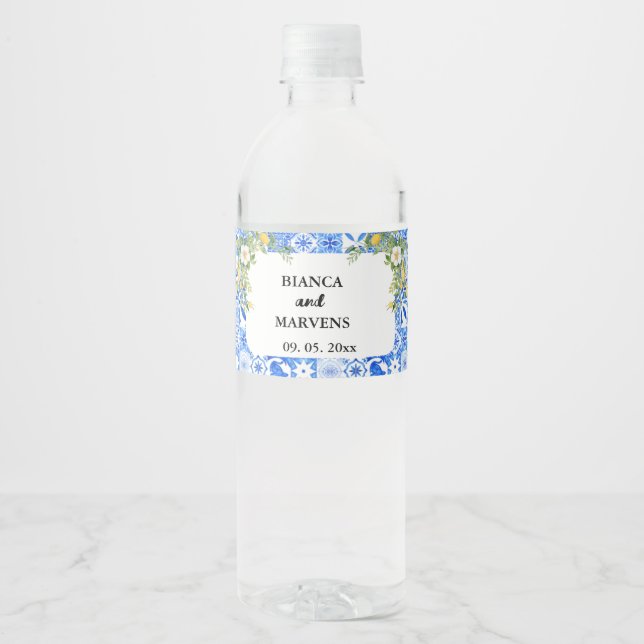 Lemon Blue Mediterranean tile Italian Wedding Water Bottle Label (Front)