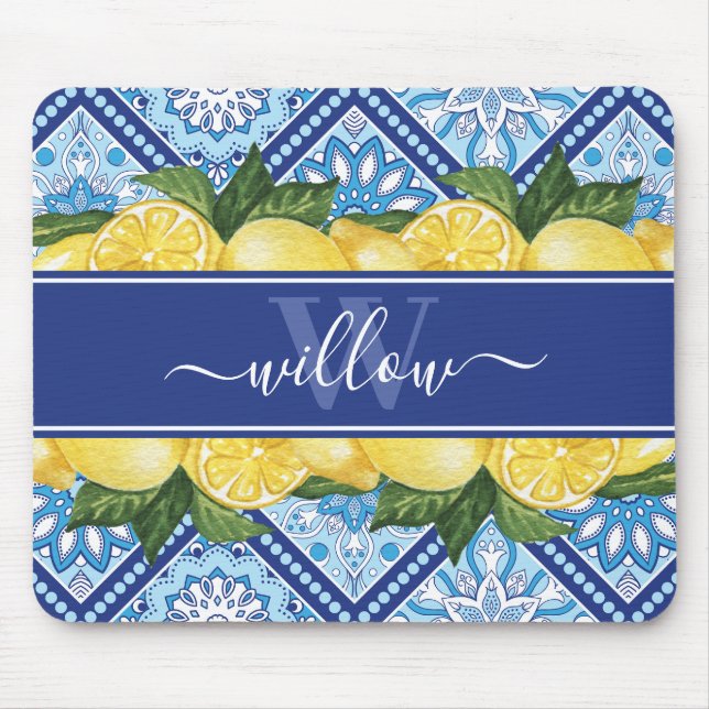 Lemon Blue Tile Backsplash Monogram Mouse Mat (Front)