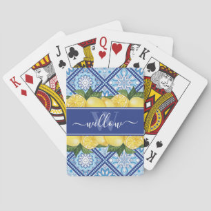 Lemon Blue Tile Backsplash Monogram Playing Cards