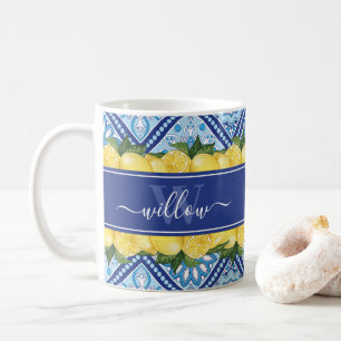 Lemon Blue Tile Backsplash Name Monogram Coffee Mug