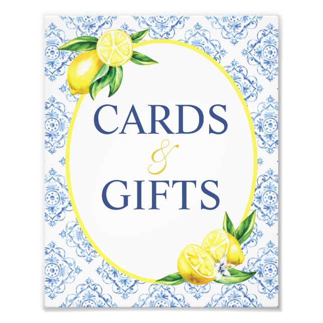 Lemon Blue Tile Bridal Shower Cards and Gifts Sign (Front)