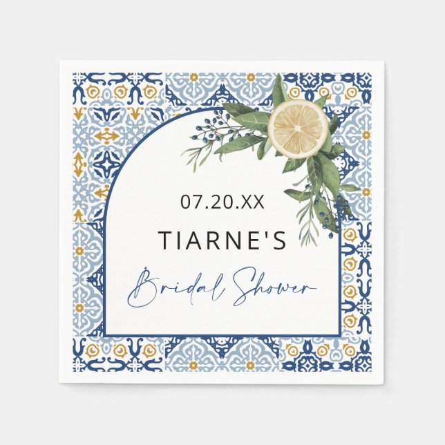 Lemon Blue Tile Custom Citrus Bridal Shower Napkin (Front)