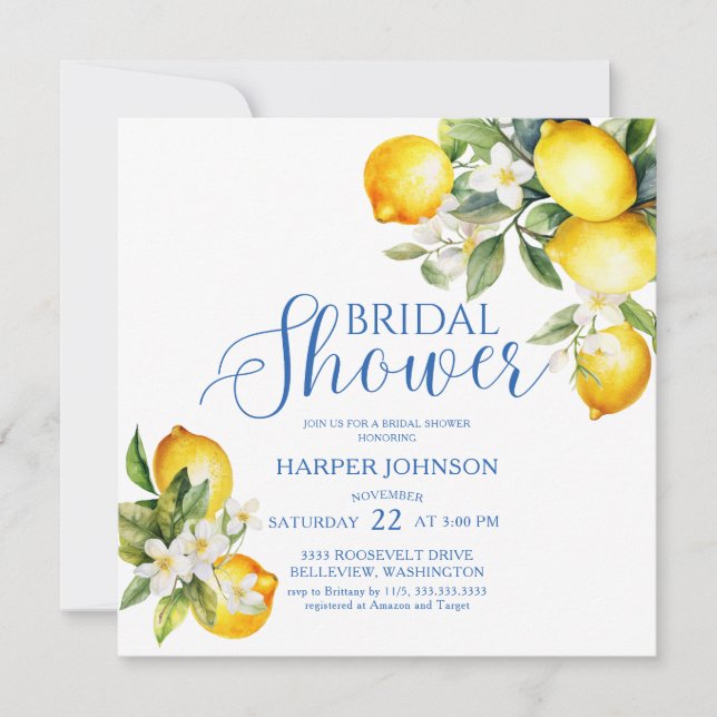 Lemon Blue Tile Italian Theme Bridal Shower Invitation (Front)